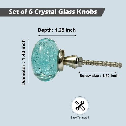 Crystal Bubble Knob Set Of 6 In Light Blue Dope Modern Glass Drawer Pulls For Cabinets Doors Dresser Wardrobe And Cupboards Kitchen Hardware Decor Stylish Bubble Accents For Home, 1.40-inch diameter