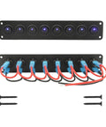 8 Gang Round Rocker Switch Panel With LED Indicator For 12V To 24V DC Aluminum Waterproof Panel Box 20 Amp 3 Pin On Off Marine Boat RV ATV UTV Switches Blue LED Light Prewired And Ready To Roll For Cars Trucks And More, front and rear view with screws