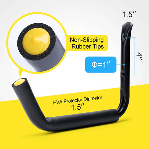 Heavy Duty Garage Storage Hooks Four Pack 120 Lb Capacity 15 Inch Wall Mounted Rack non-slipping rubber tips and EVA protector