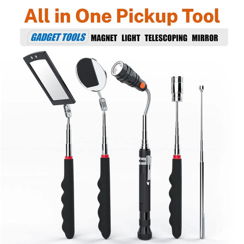Telescoping Magnetic Pickup Tool Set With 1 Lb And 15 Lb Pick Up Sticks, Round And Square Adjustable Inspection Mirrors, Flexible LED Flashlight
