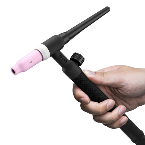 Lift TIG Torch WP-17V 150 Amp 13 Ft Air Cooled TIG Welding Torch held showing ergonomic handle and nozzle detail