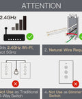 Diagram showing instructions for 2.4GHz WiFi Wall Touch Smart Switch With Neutral Wire Required Three Way Glass Panel Light Switch