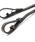Premium Havana Leather Laced Reins for Horses Non Slip Adjustable Hand Laced Grip Ride Ready Riding Training Dressage Equestrian Tack Hook and Stud Bit Ends showing closeup of the buckle ends on white background.