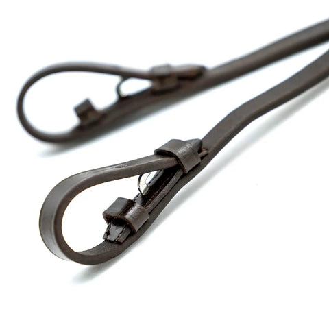 Premium Havana Leather Laced Reins for Horses Non Slip Adjustable Hand Laced Grip Ride Ready Riding Training Dressage Equestrian Tack Hook and Stud Bit Ends showing closeup of the buckle ends on white background.