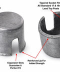Lead Battery Terminal Shims 8 Piece Set Restore Tight Safe Connections On Worn Or Undersized Battery Posts For Cars, Boats, RVs, ATVs, Jet Skis And More, showcasing two lead shims with labels highlighting lead construction, tapered fit, expansion slots, and reinforced lip.