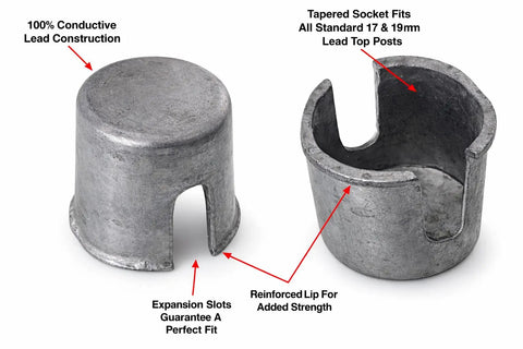 Lead Battery Terminal Shims 8 Piece Set Restore Tight Safe Connections On Worn Or Undersized Battery Posts For Cars, Boats, RVs, ATVs, Jet Skis And More, showcasing two lead shims with labels highlighting lead construction, tapered fit, expansion slots, and reinforced lip.