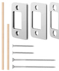 Top Shelf Door Strike Shim Plates With Stainless Steel Spacers Deadbolt Restorer Alignment Kit and Reinforcement Backplate components including plates, wooden rods, and screws.