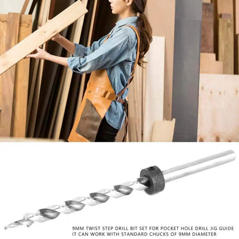 Pro 9mm Pocket Hole Drill Jig Guide Set With Twist Step Bit And Wrench For Rock Solid Woodworking Projects And Smooth Clearance Hole Drilling Every Time. 9mm twist step drill bit for pocket hole guide, steel, with chuck