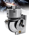 Top Shelf Six Inch Cast Iron Dividing Head Set With Three Jaw Chuck Precision Rotary Index Plates Tailstock For Cnc Milling Woodworking Workflows No Sweat Calibration close-up of dividing head with chuck and angle markings.