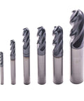 Six-piece solid carbide ball-nose end mills set, AlTiN coated, 4-flute, sizes 1/8, 3/16, 1/4, 5/16, 3/8, 1/2 in for CNC router bits