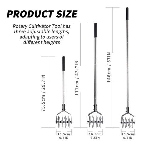 Rotary Cultivator Garden Tool with Adjustable Long Handle, Star Shaped Head, Three Length Options Displayed