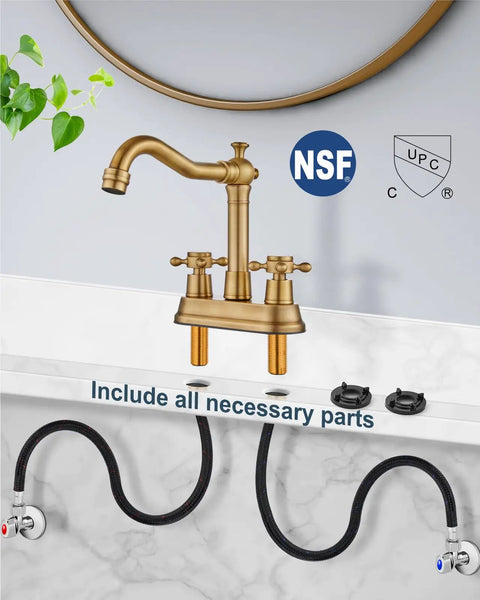Antique Brass 4 Inch Centerset Bathroom Faucet With Two Cross Handles Retro RV Style Mixer Tap For 3 Hole Basins Vanity Lavatory Includes Hoses And Pop Up Drain displayed with hoses.