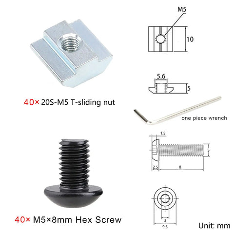 Diagram of T-sliding nut and hex screw with dimensions, showing T-slot compatibility, 40 sets with M5×8mm screws for Black Corner Brackets.