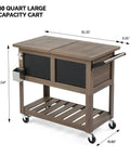80 Quart Patio Cooler Cart With Blackboard, Bottle Opener And Drainage, shown with measurements and wheels on wooden deck.