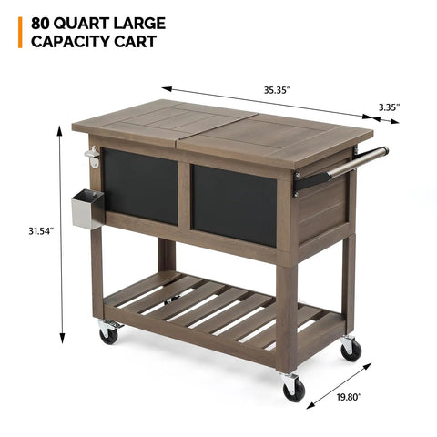 80 Quart Patio Cooler Cart With Blackboard, Bottle Opener And Drainage, shown with measurements and wheels on wooden deck.