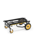 8 In 1 Folding Multi Cart Hand Truck Dolly Platform Cart With Telescoping Frame From 29 Inches To 42 And A Half Inches, 500 Lb Load Capacity, R Trac Tires For Smooth Traction, Black Heavy Duty Cart For Equipment And Gear with yellow wheels folded flat.