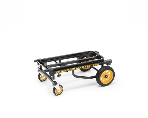 8 In 1 Folding Multi Cart Hand Truck Dolly Platform Cart With Telescoping Frame From 29 Inches To 42 And A Half Inches, 500 Lb Load Capacity, R Trac Tires For Smooth Traction, Black Heavy Duty Cart For Equipment And Gear with yellow wheels folded flat.