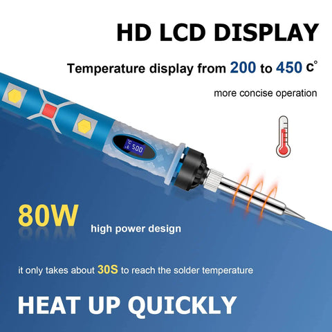 Close-up of 80W Soldering Iron Kit With Digital LCD Display Pro Grade Adjustable Temperature On Off Switch Fast Heating Thermostatic Design