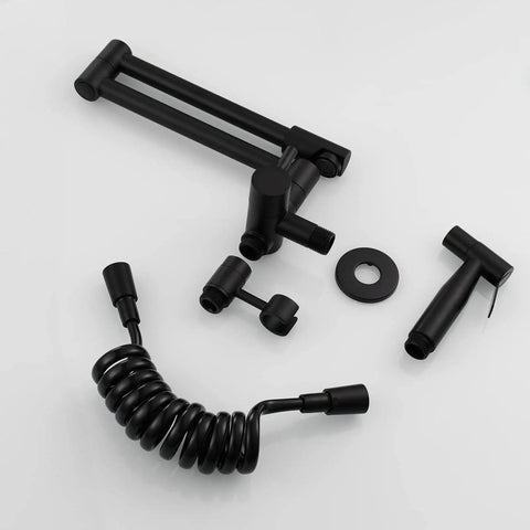 Components of the Brass Kitchen Faucet With Side Sprayer And Wall Mount Pot Filler in black finish, disassembled view.