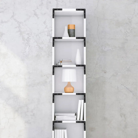 White shelving unit reinforced with Rock Solid Heavy Duty Black L Shaped Corner Brackets Set For Furniture Support With Cold Rolled Steel Flat