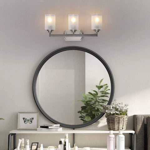 Three Light Brushed Nickel Vanity Light With Frosted Glass Shades, Wall Mount Sconce For Bathroom And Over Mirror, Modern Indoor Lighting