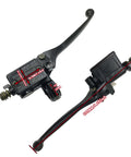 Universal Seven Eighths Inch 22mm Motorcycle Brake Master Cylinder Lever Right Hand For Dirt Bike ATV Quad Scooter With Banjo Bolt 10x1.25 And M10 Mirror Hole Fits Most Bikes, shown in black aluminum alloy from multiple angles.