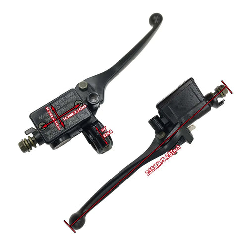 Universal Seven Eighths Inch 22mm Motorcycle Brake Master Cylinder Lever Right Hand For Dirt Bike ATV Quad Scooter With Banjo Bolt 10x1.25 And M10 Mirror Hole Fits Most Bikes, shown in black aluminum alloy from multiple angles.