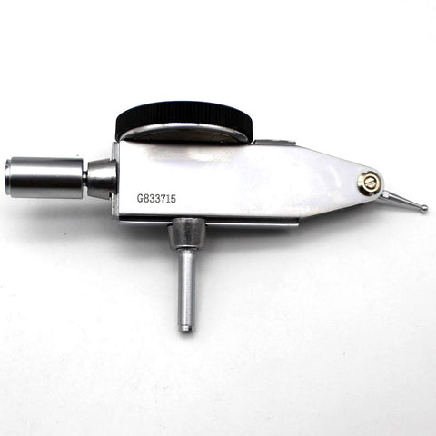 KHCRAFT dial test indicator, steel body with black dial knob, side view showing probe and mounting stem