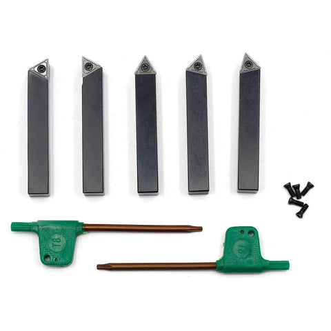 Five-piece Three Eighths Inch Mini Indexable Lathe Turning Tool Holder Set with AL AR BL BR E holders and TCMT C6 inserts