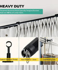 Adjustable Traverse Curtain Rod With Track System Extends From 47 To 86 Inches For Thick Curtains Up To 40 Lbs In Black Aluminum Heavy Duty And No Fuss Easy Install, black aluminum curtain rod holding pleated white drapes