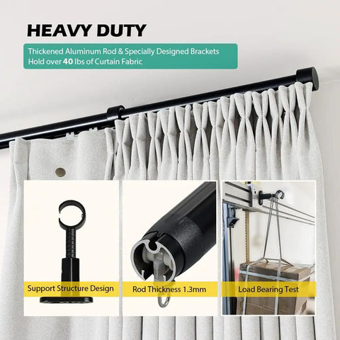 Adjustable Traverse Curtain Rod With Track System Extends From 47 To 86 Inches For Thick Curtains Up To 40 Lbs In Black Aluminum Heavy Duty And No Fuss Easy Install, black aluminum curtain rod holding pleated white drapes