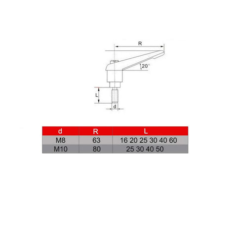 Diagram of Adjustable Clamping Lever With External Male Thread For Machinery, M8 size, ratchet style handle knob dimensions