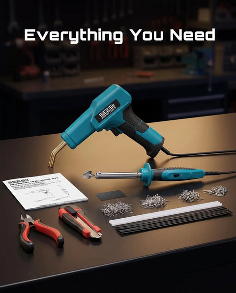 Beefy 150W Plastic Welder Kit 2 In 1 Hot Stapler And Soldering Iron with tools, staples, rods, and manual on table.
