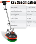 Badass Heavy Duty 13 Inch Orbital Floor Scrubber Buffer Machine specifications including 1.5 HP motor, 13 inch cleaning path, and 50 feet cord.