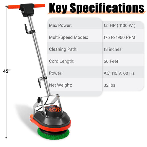 Badass Heavy Duty 13 Inch Orbital Floor Scrubber Buffer Machine specifications including 1.5 HP motor, 13 inch cleaning path, and 50 feet cord.