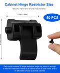 Premium 50 Pack Cabinet Hinge Restrictor Clips For Blumotion Compact Hinges 86 Degree Opening Soft Close shown with size comparison