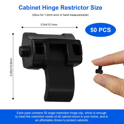 Premium 50 Pack Cabinet Hinge Restrictor Clips For Blumotion Compact Hinges 86 Degree Opening Soft Close shown with size comparison