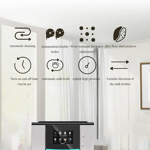Icons for features of the Straight Up Automatic Desktop Espresso Maker With Smart Touch Interface for easy coffee brewing.