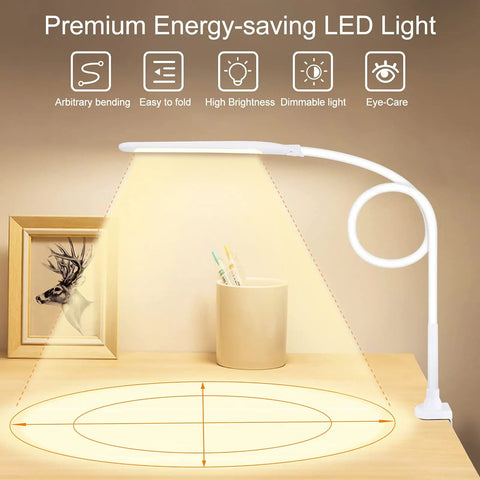 LED Desk Lamp With Clamp For Home Office White USB Port Desk Light Eye Caring Dimmable Task Lamp on wooden desk