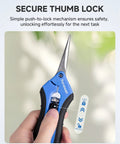 Person holding 6.5 Inch Gardening Pruning Snips With Straight Blades For Precise Cuts And Clean Plant Trimming Ergonomic No Slip Grip Stainless Steel Blades Durable PP Handles And TPR Grip Garden Tool, showing secure thumb lock feature.