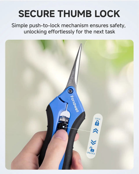 Person holding 6.5 Inch Gardening Pruning Snips With Straight Blades For Precise Cuts And Clean Plant Trimming Ergonomic No Slip Grip Stainless Steel Blades Durable PP Handles And TPR Grip Garden Tool, showing secure thumb lock feature.