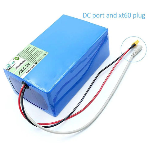 Heavy Duty Ev Lithium Battery Pack With Built In Bms Plus Charger For Electric Scooter Moped Motorcycle 36V 48V 60V 15Ah 50Ah, blue battery with DC port and XT60 plug.