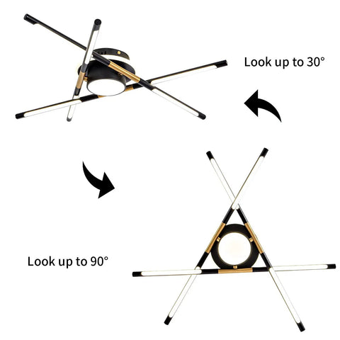 Industrial Sputnik Ceiling Light Fixture In Black And Gold Finish With Plug In Design And Adjustable LED Tubes 90 Degree Angle View