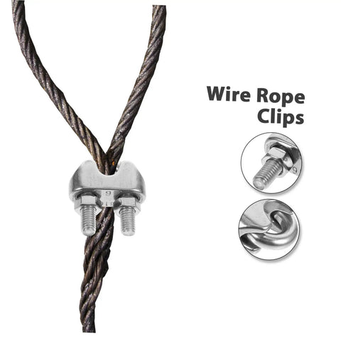 Heavy Duty Stainless Steel Wire Rope Cable Clamp U Bolt Fastener For 6mm Line securing a wire rope with detailed close-up.