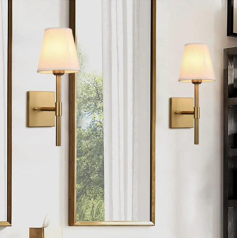 Set Of 2 Hardwired Wall Sconces With White Fabric Shade, Brass Finish Bases, Cloth Wall Mount Lighting For Living Room