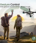 Couple using FPV RC Drone With 1080P HD Camera, 120-Degree Wide Angle Lens, Live WiFi Video in mountain landscape with gesture control.