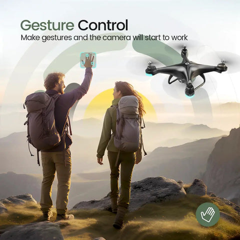 Couple using FPV RC Drone With 1080P HD Camera, 120-Degree Wide Angle Lens, Live WiFi Video in mountain landscape with gesture control.