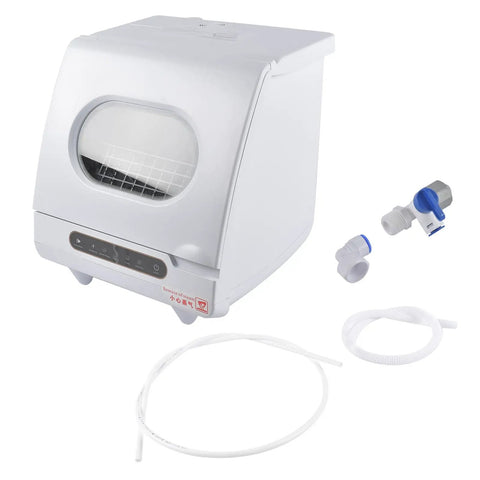No Sweat Portable Mini Countertop Dishwasher featuring fast wash cycles, compact design, with inlet line and connections.