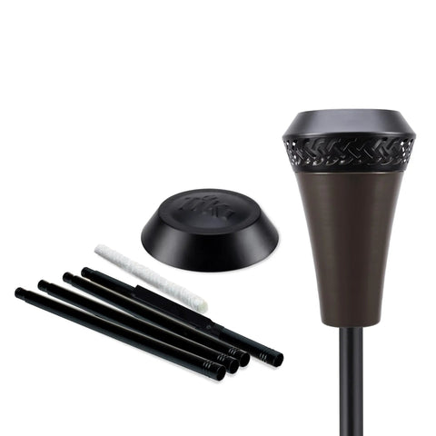 Island King 65 Inch Metal Outdoor Torch For Backyards Patios And Gardens Weather Resistant Burn With Large Bright Flame Long Lasting Wick Snuffer And Easy Twist And Pour Refills Brown Finish, featuring torch components and accessories.