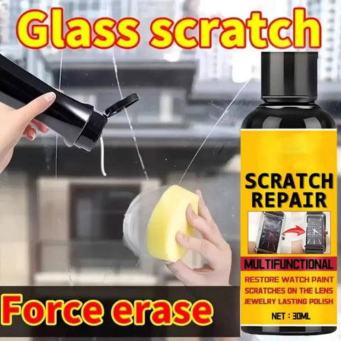 Glass scratch removal kit with 30ml scratch repair fluid and applicator, designed for watch, paint, and jewelry polish.
